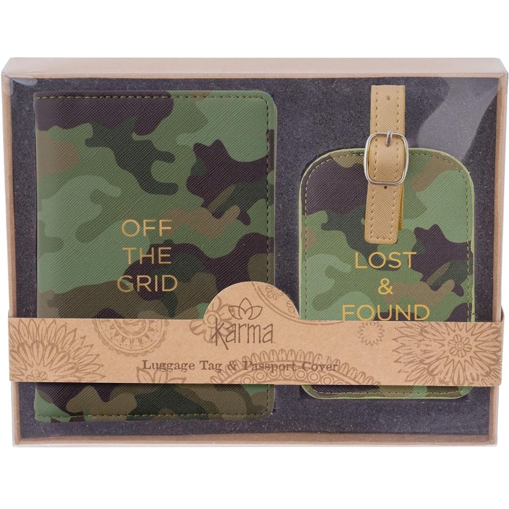 Karma NEW Camo Passport Holder & Luggage Tag Gift Set Off The Grid Lost & Found